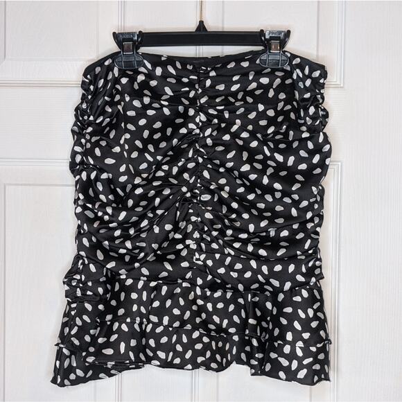 Leche Black & White Polka Dot Pattern Ruched Ruffle Trim Skirt L - Picture 14 of 15